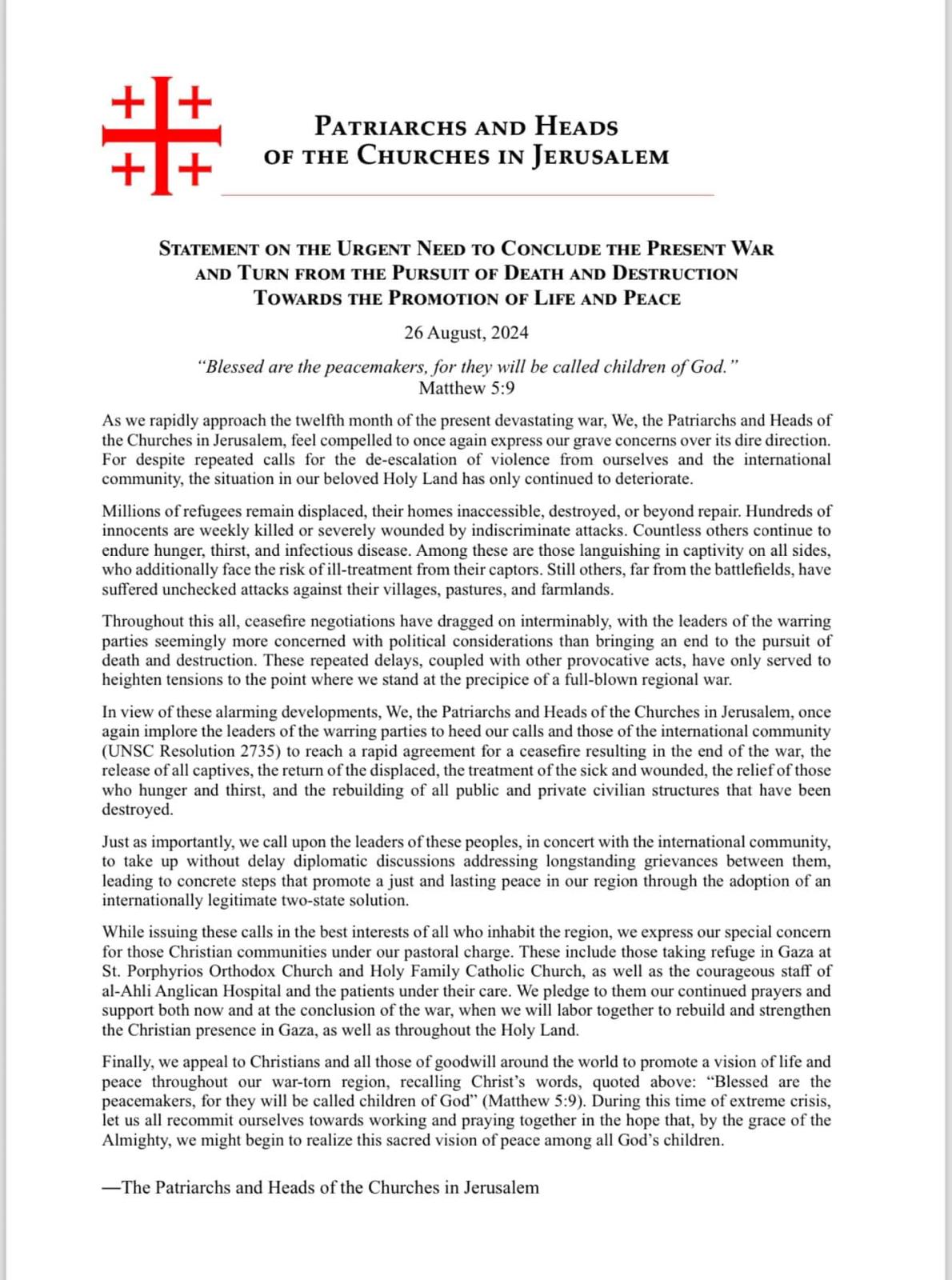 بيان صادرعن بطاركة ورؤساء الكنائس في القدس حول الحاجة الملحة لإنهاء الحرب الحالية